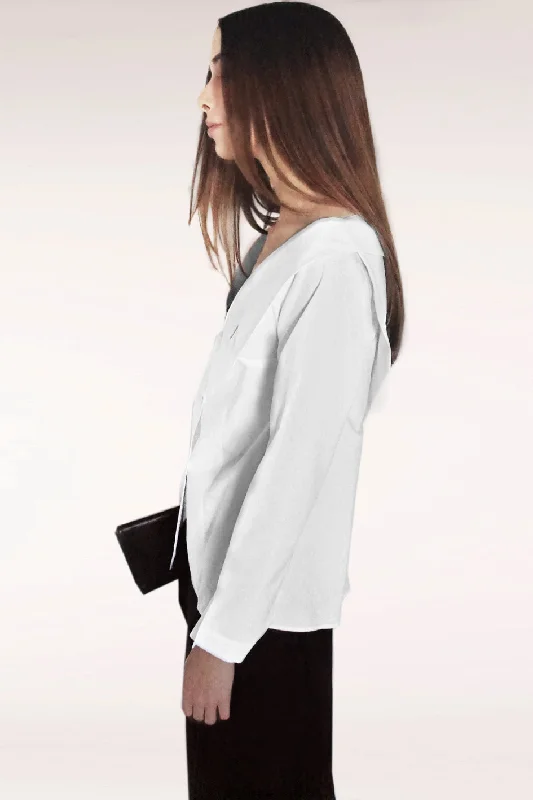 Open Collar Long Sleeves Cotton Shirt / White