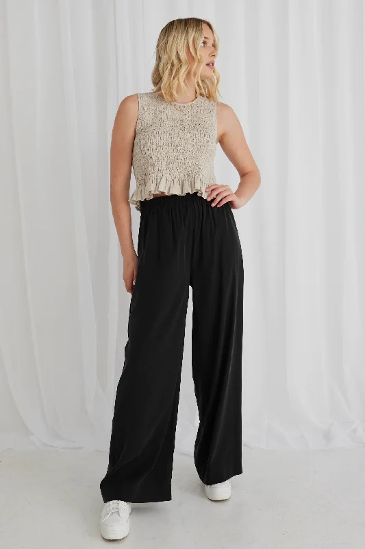 Resort Black Linen Wide Leg Elastic Waist Pant