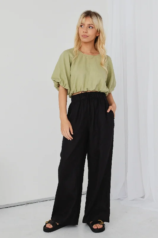 Resort Black Linen Wide Leg Elastic Waist Pant