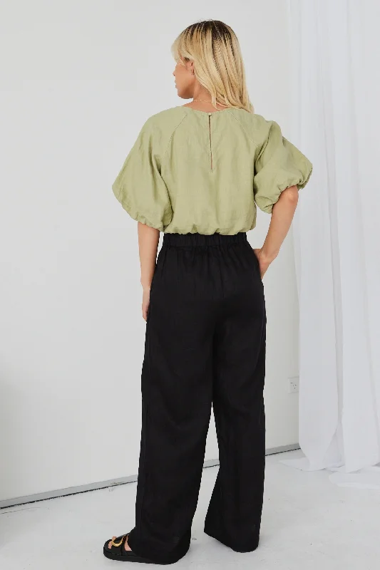 Resort Black Linen Wide Leg Elastic Waist Pant