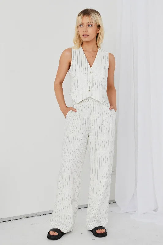 Valour White Pinstripe Linen Wide Leg Pants