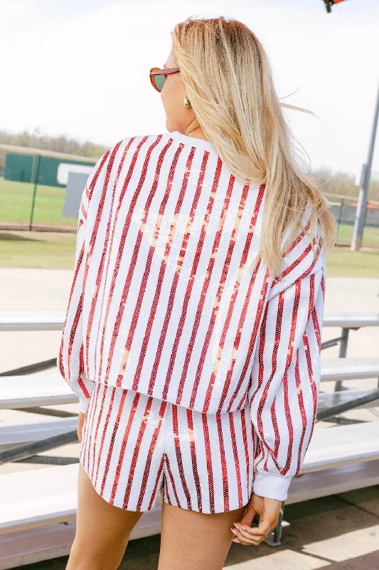 White & Red Full Sequin Stripe Short