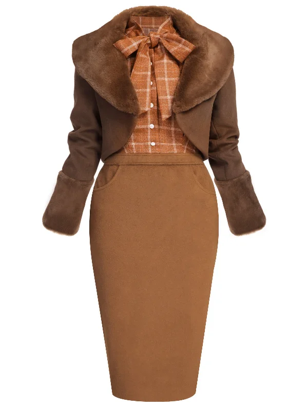 2PCS Brown Bolero Jacket & Plaid Pencil Dress