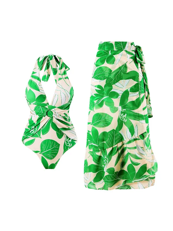 2PCS Green 1960s Plant Prints Halter Swimsuit & Long Cover-Up