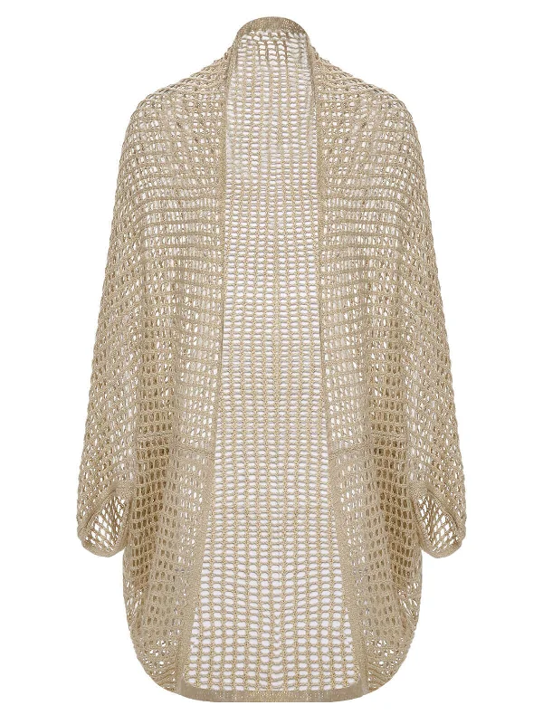 Beige 1930s Solid Crochet Hollow Knitted Cardigan