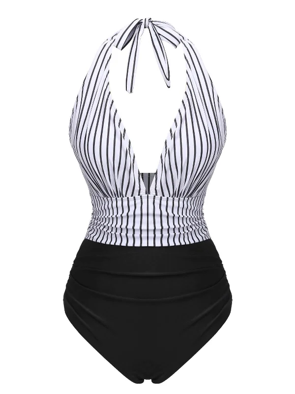 Black 1950s Deep V-Neck Stripe Swimsuit