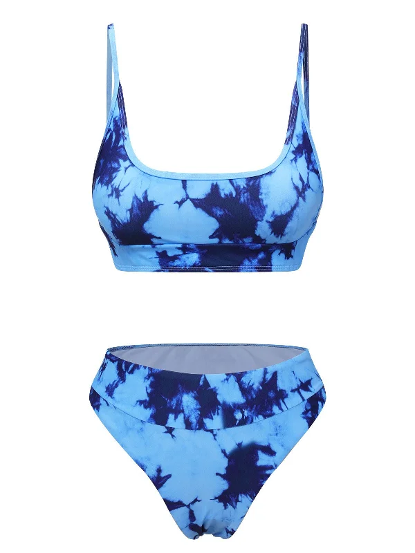 Blue 1950s Tie-Dye Spaghetti Straps Swimsuit