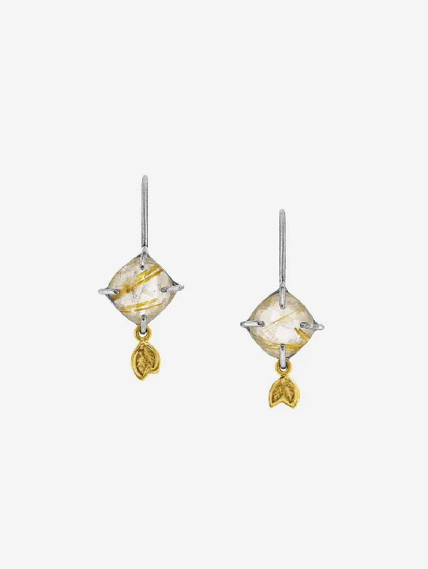 Checkerboard Golden Rutile & Leaf Drop Earrings | 18ct & Silver