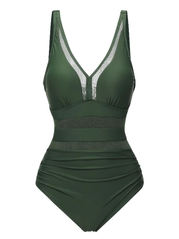 Green 1950s Solid V-Neck Lace Patchwork Swimsuit