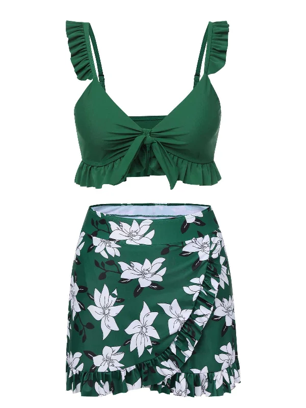 Green 1960s Strap Floral Ruffles Swimsuit