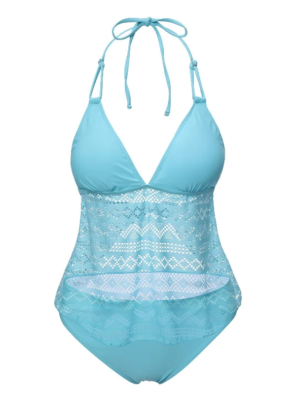 Light Blue 1930s Lace Hollow Halter Swimsuit