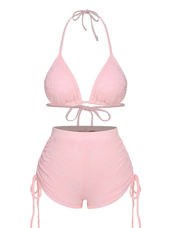 Pink 1960s Floral Lace-Up Halter Swimsuit