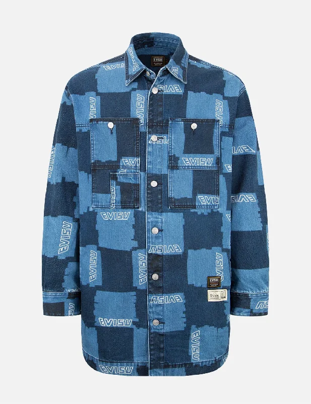 Men's Coats for Tall MenAllover Check Pattern Print Denim Shirt Jacket
