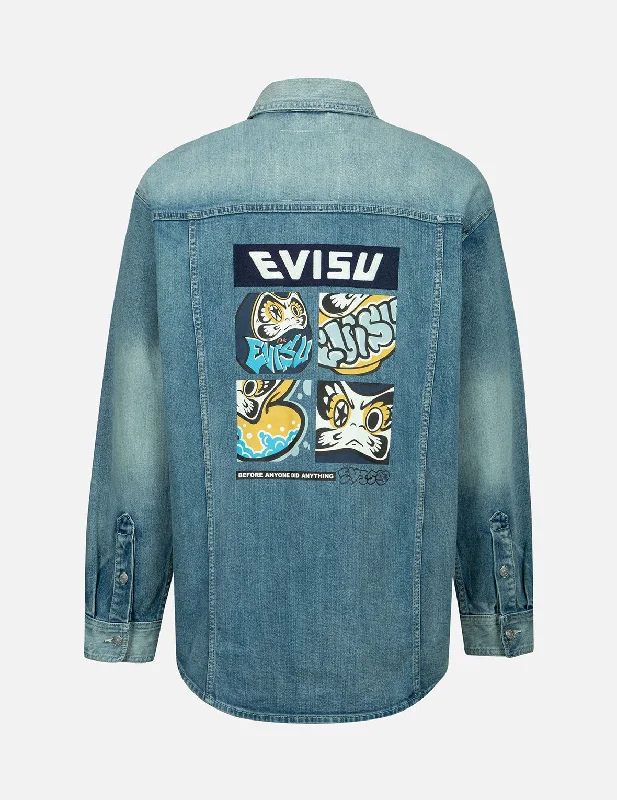Modern Men's Field JacketsGraffiti Darma Grid Graphic Print Denim Shirt Jacket