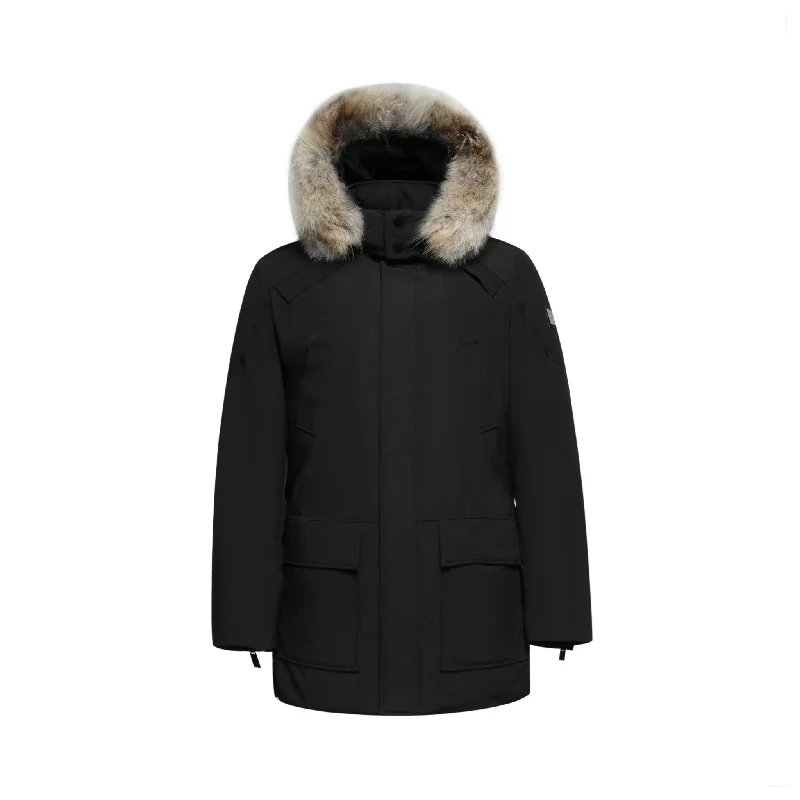 Men's Coats with Reflective StripesMen's Glacier Down Parka Jacket in Black (Light Fox Hood Trim) Men's Coats with Reflective StripesMen's Glacier Down Parka Jacket in Black (Light Fox Hood Trim)