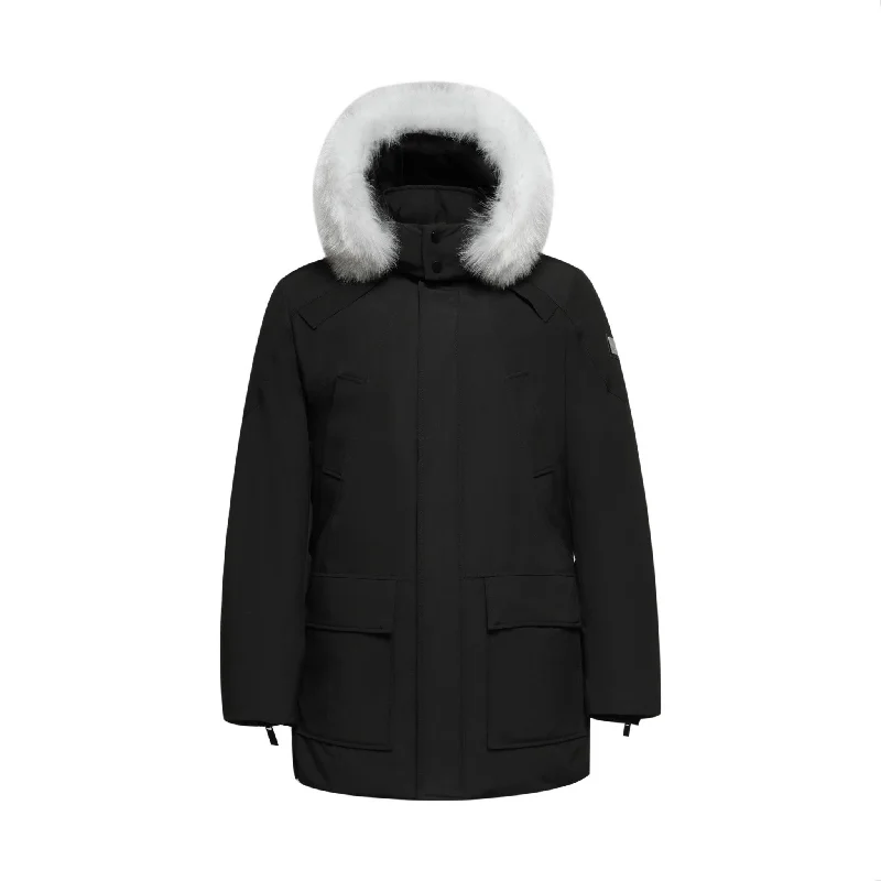 Men's Coats with Snap ButtonsMen's Glacier Down Parka Jacket in Black (White Fox Hood Trim) Men's Coats with Snap ButtonsMen's Glacier Down Parka Jacket in Black (White Fox Hood Trim)