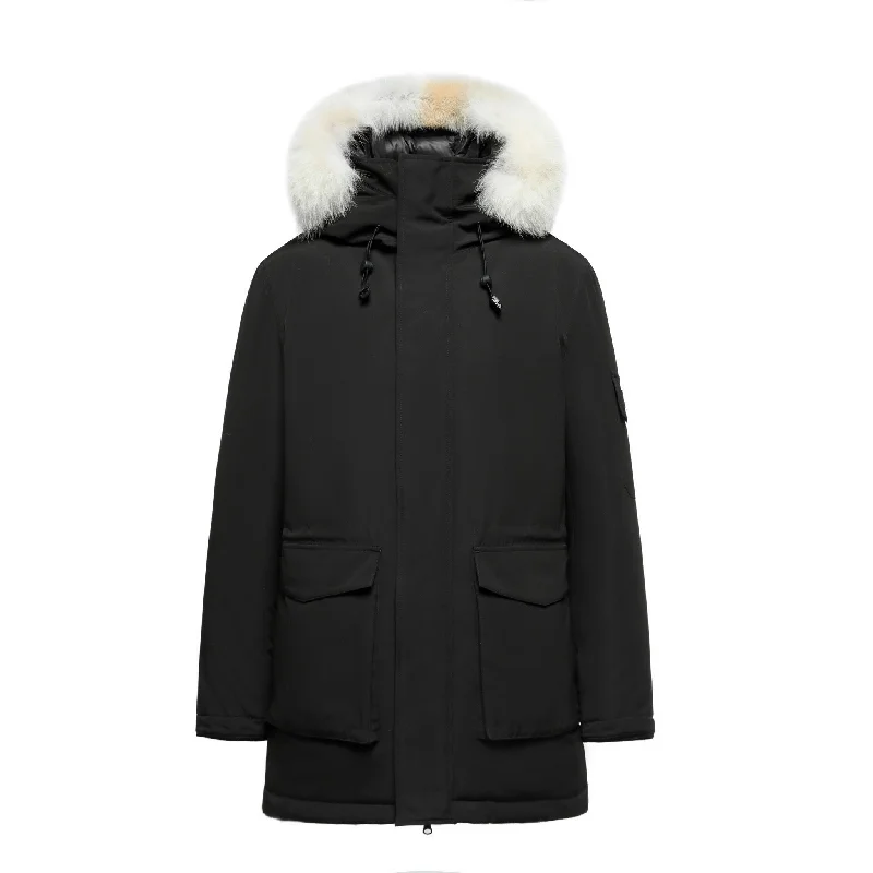 Men's Coats for All SeasonsMen's Grandeur Down Parka Jacket in Black (Light Fox Hood Trim) Men's Coats for All SeasonsMen's Grandeur Down Parka Jacket in Black (Light Fox Hood Trim)