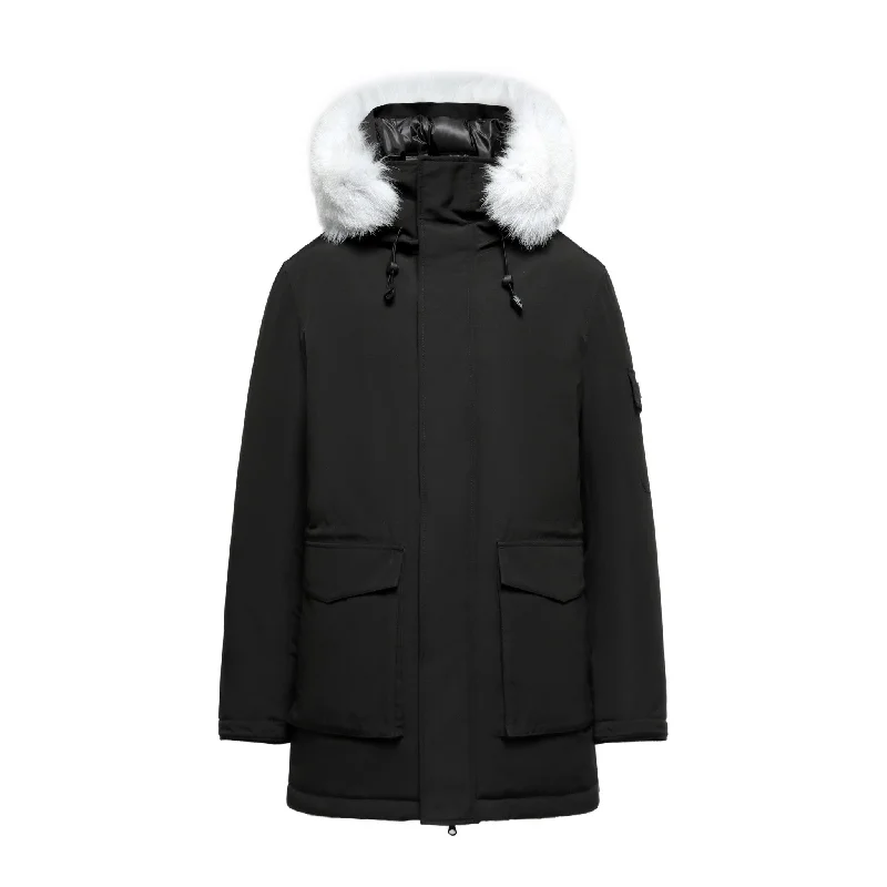 Stylish Men's Biker JacketsMen's Grandeur Down Parka Jacket in Black (White Fox Hood Trim) Stylish Men's Biker JacketsMen's Grandeur Down Parka Jacket in Black (White Fox Hood Trim)