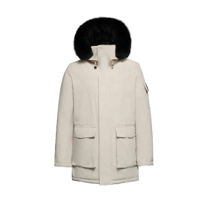 Durable Men's Car CoatsMen's Grandeur Down Parka Jacket in White (Black Fox Hood Trim)