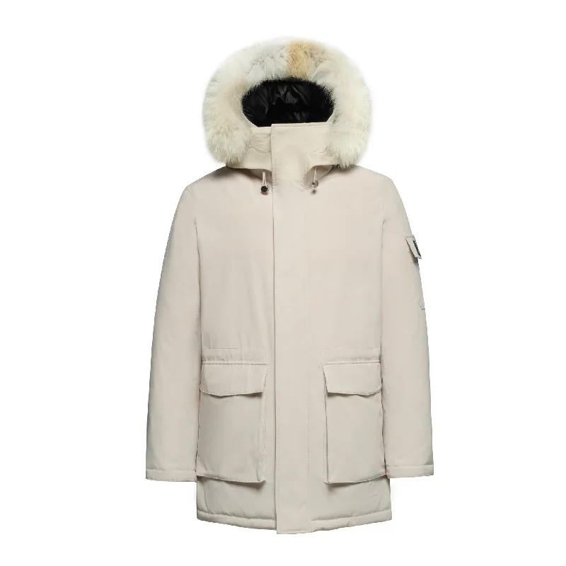 Winter-Ready Men's CoatsMen's Grandeur Down Parka Jacket in White (Light Fox Hood Trim) Winter-Ready Men's CoatsMen's Grandeur Down Parka Jacket in White (Light Fox Hood Trim)