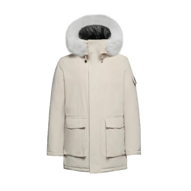 Men's Coats Made in the USAMen's Grandeur Down Parka Jacket in White (White Fox Hood Trim) Men's Coats Made in the USAMen's Grandeur Down Parka Jacket in White (White Fox Hood Trim)