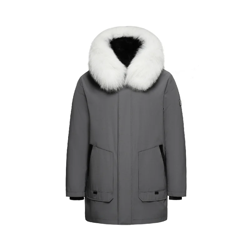 Men's Coats with Chest PocketsMen's Imperial Down Parka Jacket in Graphite Grey (White Fox Hood Trim) Men's Coats with Chest PocketsMen's Imperial Down Parka Jacket in Graphite Grey (White Fox Hood Trim)