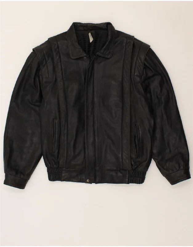 Men's Coats with ButtonsVINTAGE Mens Leather Jacket IT 54 2XL Black Leather