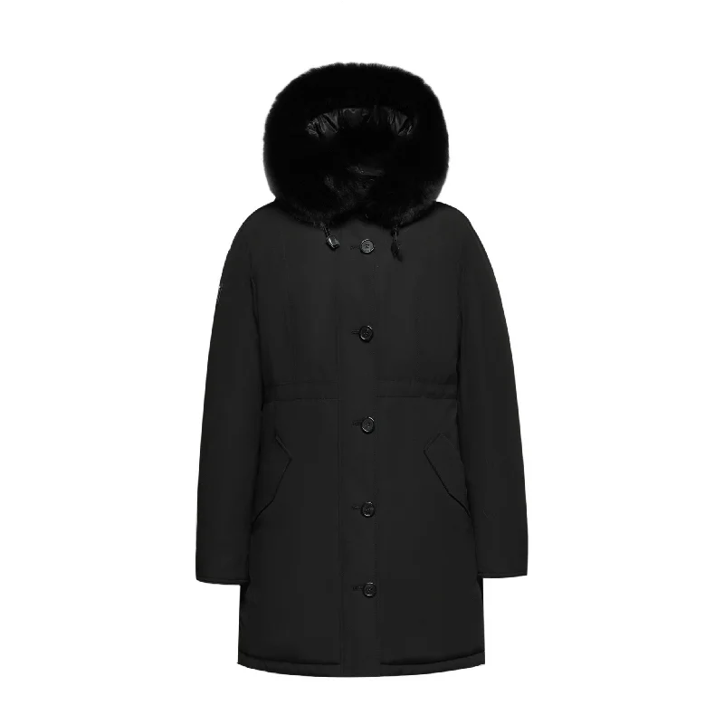 Men's Coats with Tactical FeaturesWomen's Ritzy Down Parka Jacket in Black (Black Fox Hood Trim) Men's Coats with Tactical FeaturesWomen's Ritzy Down Parka Jacket in Black (Black Fox Hood Trim)